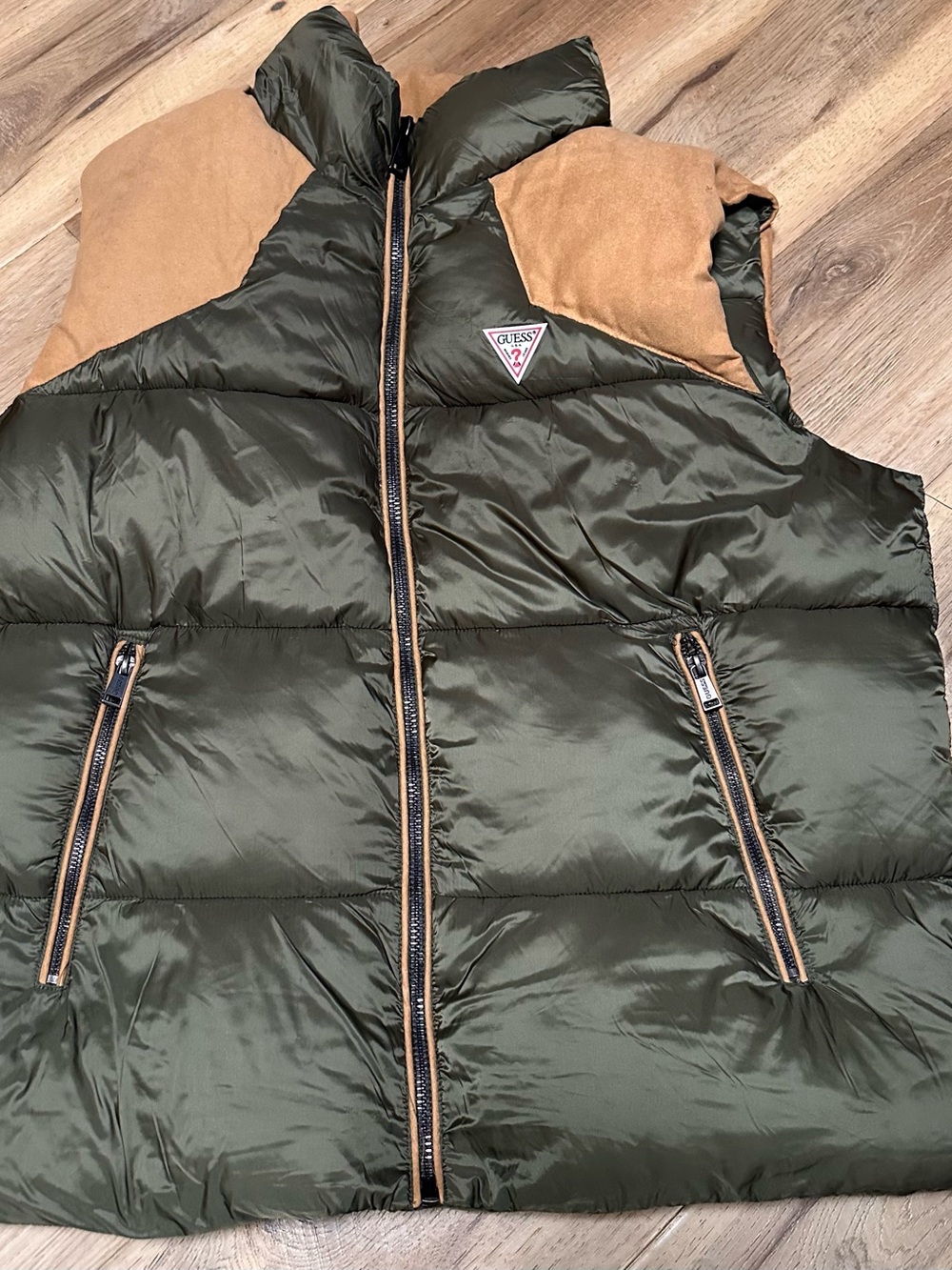 GUESS Men's Olive Green Puffer Vest with Tan Accents